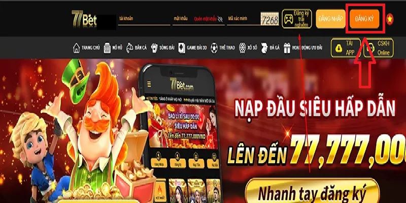 Chọn mũi tên theo hình để Đăng ký 77Bet